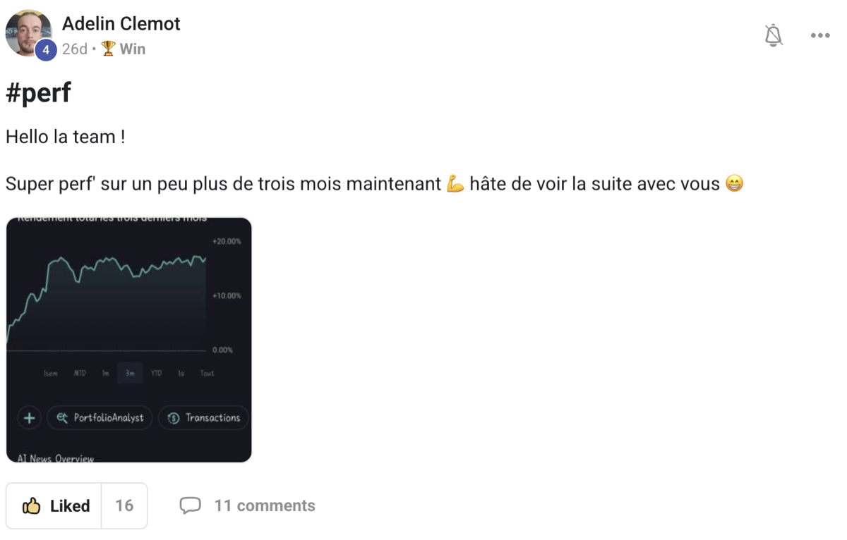 Post Adelin Clemot - perf +20% sur 3 mois
