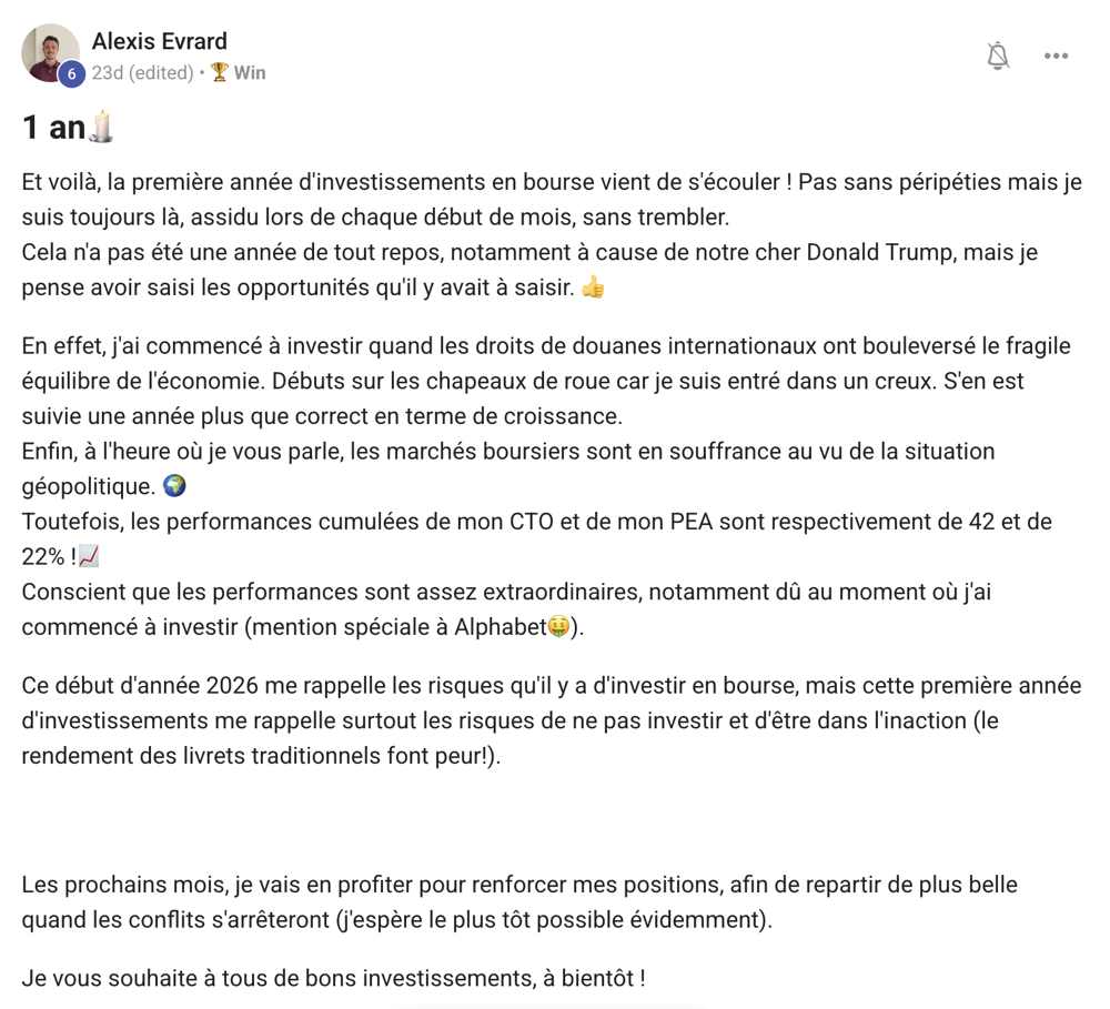 Post Alexis Evrard - 1 an d'investissement, +42% CTO et +22% PEA