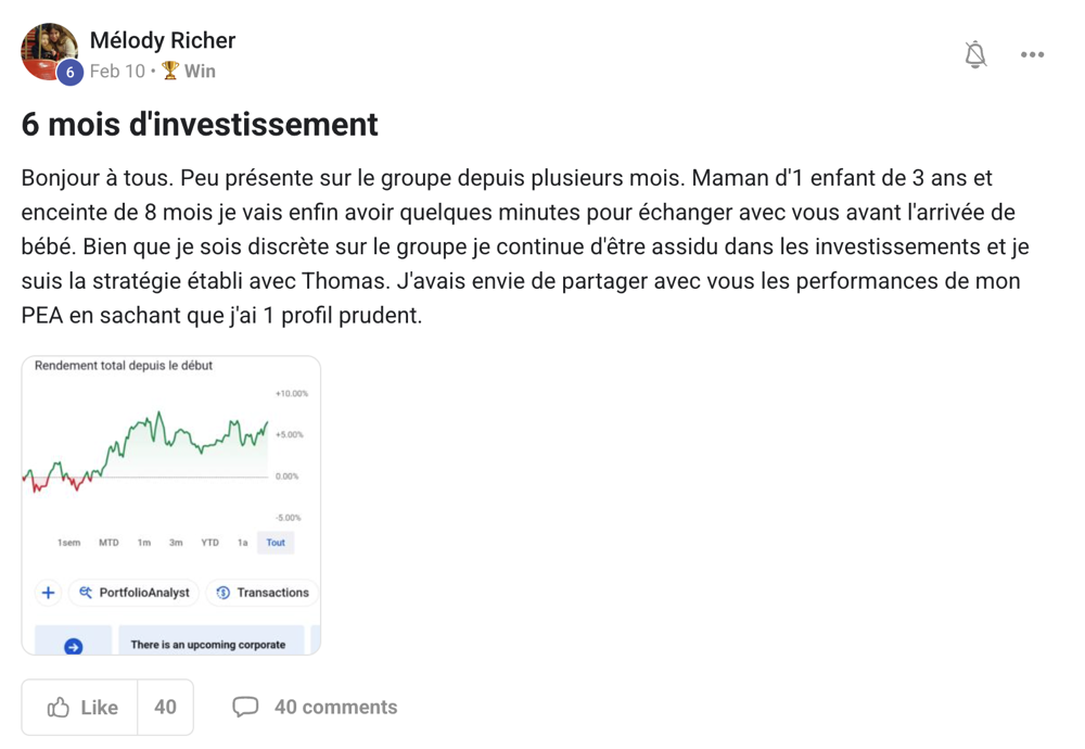 Post Melody Richer - 6 mois d'investissement